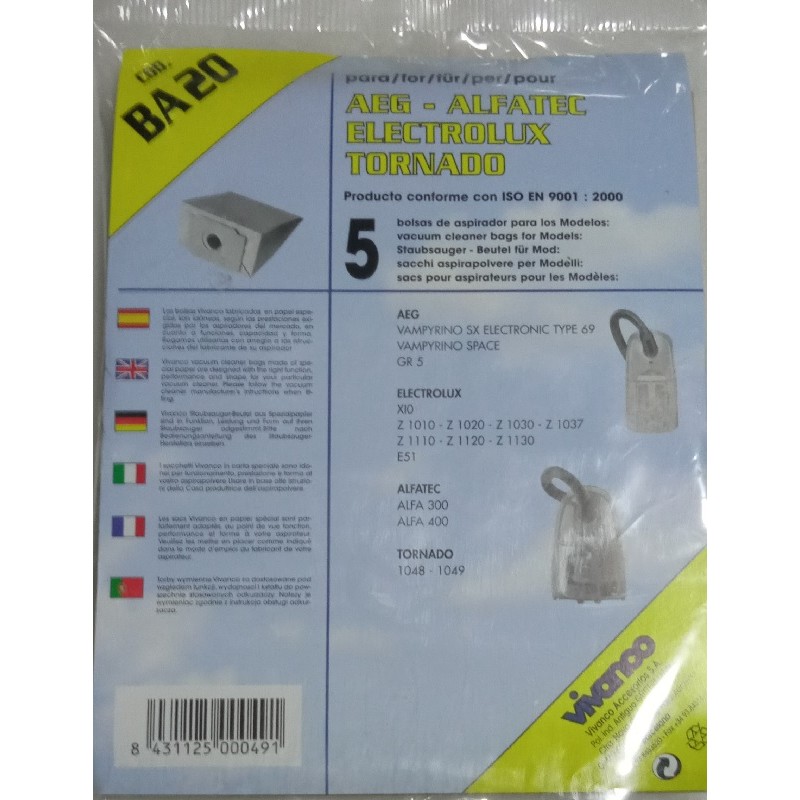 BOLSA ASPIRADOR BA20 PARA AEG, ALFATEC,ELECTROLUX, TORNADO